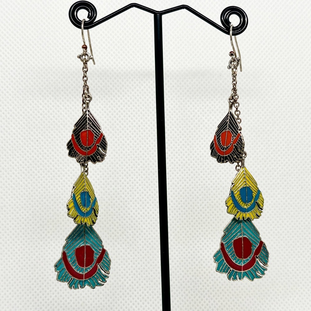 Vintage Peacock Feather Enamel Dangle Earrings – Colorful Boho Statement Jewelry